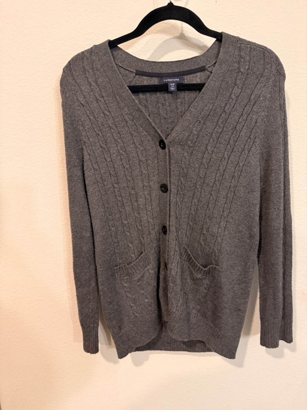 Lands' End Charcoal Cable Knit V-Neck Button Cardigan Size Small